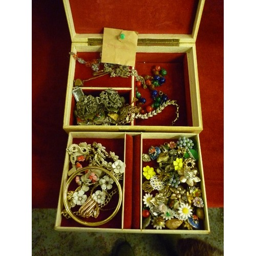 11 - JEWELLERY BOX AND CONTENTS OF COSTUME JEWELLERY BRACELETS, NECKLACES, CLIP ON EARRINGS ETC