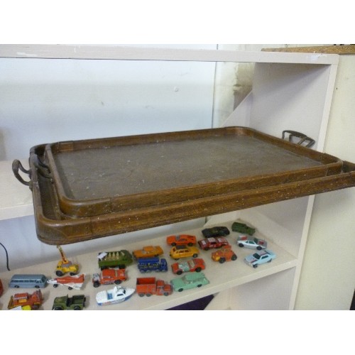 62 - 2 VINTAGE OAK TRAYS WITH BRASS HANDLES