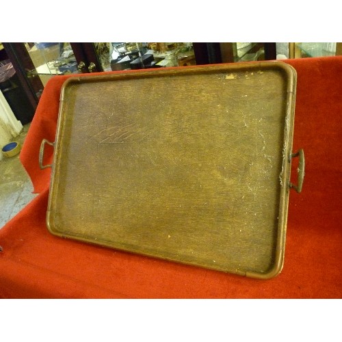 62 - 2 VINTAGE OAK TRAYS WITH BRASS HANDLES