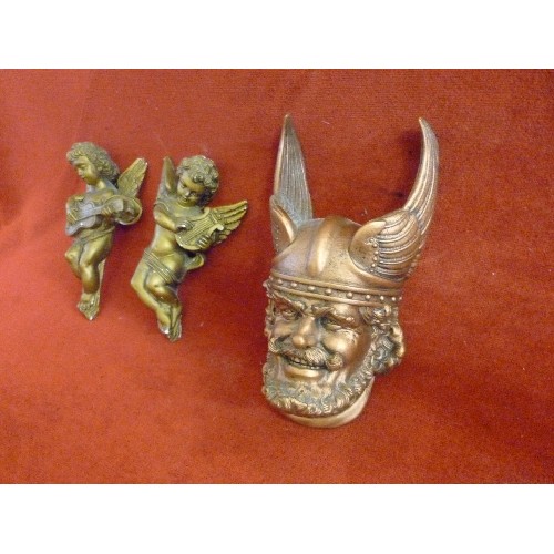 63 - 2 PLASTER CHERUBS WITH VIOLIN AND HARP AND FRASER ART VIKING HEAD