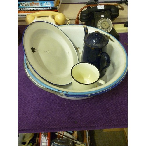 65 - 2 LARGE ENAMEL BOWLS, PLATE, TEAPOT IN DARK BLUE AND CUP MADE IN USSR