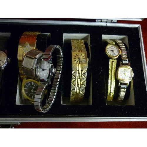 22 - METAL AND PERSPEX WATCH DISPLAY CASE AND QUANTITY OF VINTAGE WATCHES - SEIKO, OCEANA, ORIS SUPER, SW... 