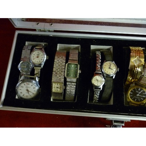 22 - METAL AND PERSPEX WATCH DISPLAY CASE AND QUANTITY OF VINTAGE WATCHES - SEIKO, OCEANA, ORIS SUPER, SW... 