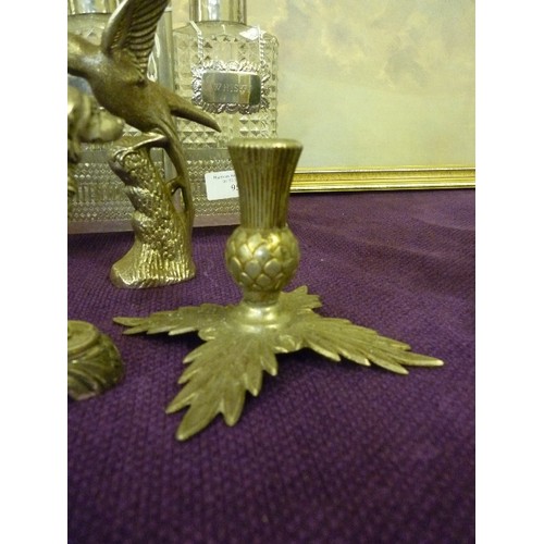 95A - 4 PIECES OF SILVER PLATE - PAIR OF BIRDS ON BRANCHES, THISTLE CANDLESTICK AND RETRIEVER DOG