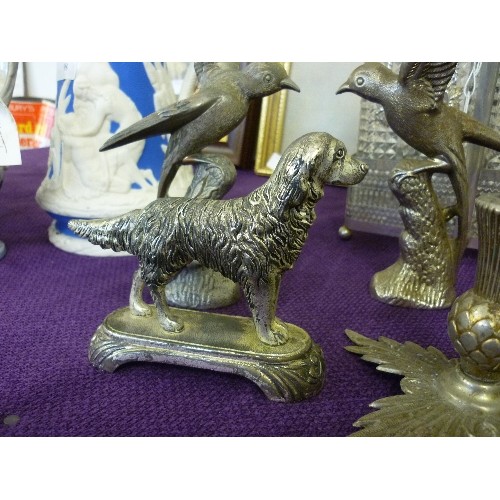 95A - 4 PIECES OF SILVER PLATE - PAIR OF BIRDS ON BRANCHES, THISTLE CANDLESTICK AND RETRIEVER DOG