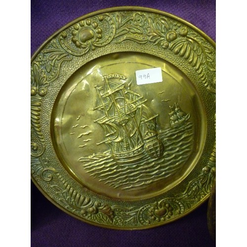 99A - 2 BRASS CHARGER PLATES - SHIP IN SEA AND COURAGE BEER ADVERTISING WALL PLATE