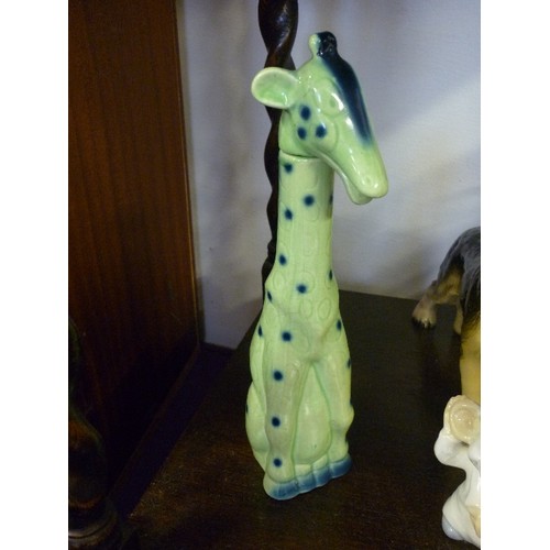 107A - 5 PIECES OF RETRO CHINA - PIGGY BANK, ALSATION DOG FIGURE, GIRAFFE DECANTER, MOUSE FIGURINE AND LAMP