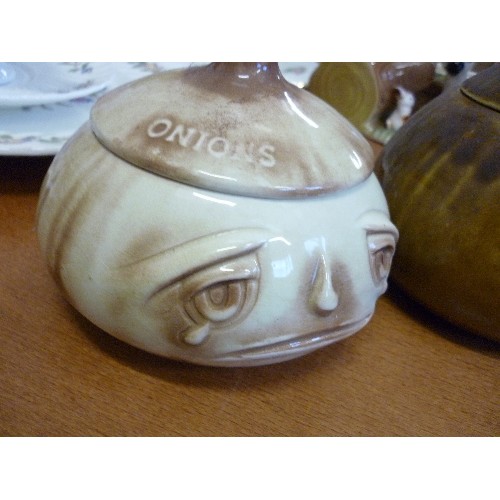 173 - SYLVAC ONION POT[LIDDED], ANOTHER ONION POT WITH GRIMACE FACE! AND A HORNSEA POTTERY CROCUS VASE, LO... 