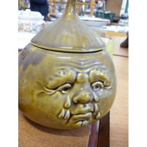 173 - SYLVAC ONION POT[LIDDED], ANOTHER ONION POT WITH GRIMACE FACE! AND A HORNSEA POTTERY CROCUS VASE, LO... 