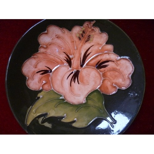 1 - A MOORCROFT HIBISCUS PATTERN PIN DISH IN CORAL AND GREEN, WITH IMPRESSED MARK - 12CM DIA