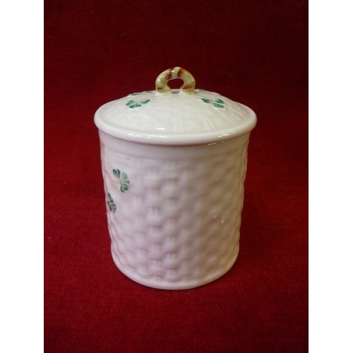 11 - A BELLEEK BASKET WEAVE & SHAMROCK PATTERN LIDDED JAR - 11CM