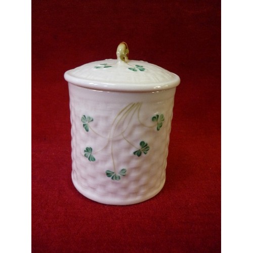 11 - A BELLEEK BASKET WEAVE & SHAMROCK PATTERN LIDDED JAR - 11CM