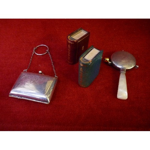 104 - AN EDWARDIAN SILVER PLATED CHATELAINE PURSE, A VICTORIAN SILVER BABY'S RATTLE WITH MOTHER OF PEARL H... 