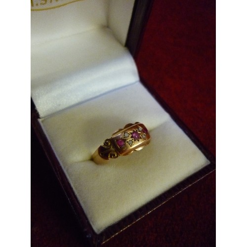 61 - VICTORIAN 15CT GOLD RING SET WITH RUBIES AND WHITE STONES - CHESTER HALLMARK 1899, MAKER T & S. 2 GR... 