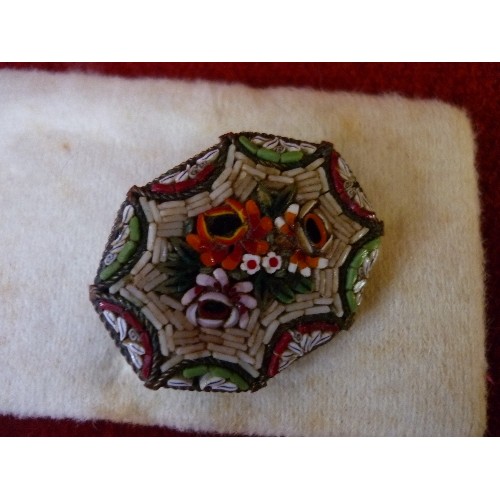 25 - CIRCA 1930'S ITALIAN MICROMOSAIC BROOCH - OCTAGONAL SHAPE - WITH ORANGE AND PURPLE FLOWERS