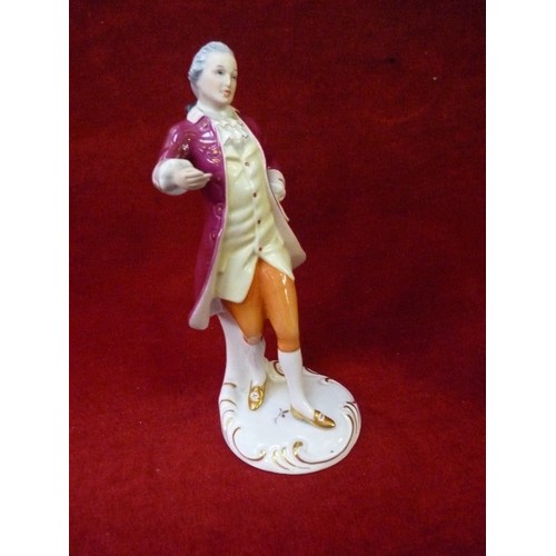 7 - A ROYAL DUX FIGURE OF A GEORGIAN GENTLEMAN IN RED COAT - IMPRESSED, PRINTED AND PINK TRIANGLE MARKS ... 