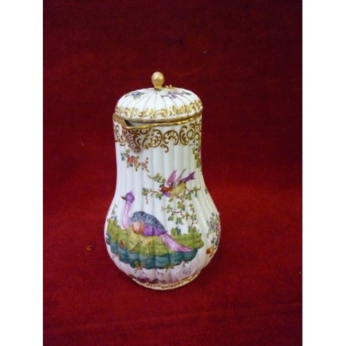 6 - A BEAUTIFUL 19TH CENTURY MEISSEN CHOCOLATE POT AND COVER, RIBBED SHAPE, DECORATED WITH BIRDS AND  FL... 