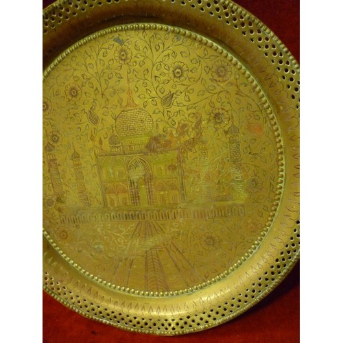 84 - A 1930'S INDIAN BENARES BRASS TRAY, WITH PIERCED EDGE, ENGRAVED WITH THE TAJ MAHAL AND FLORAL DESIGN... 