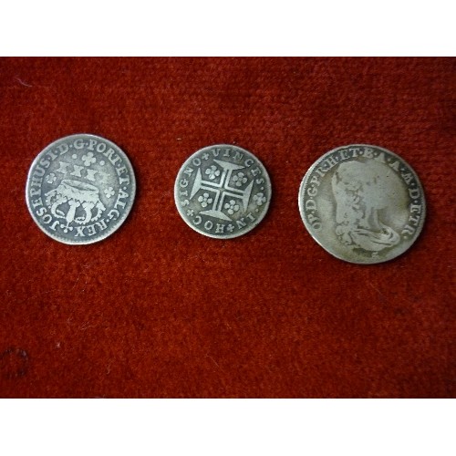 118 - THREE 18TH CENTURY SILVER COINS PORTUGAL 60 REIS 1777, Portuguese Silver 80 Reis 1750, PIERO LEOPLOL... 