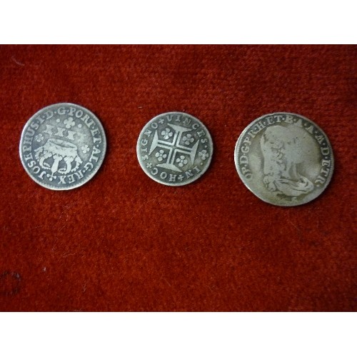 118 - THREE 18TH CENTURY SILVER COINS PORTUGAL 60 REIS 1777, Portuguese Silver 80 Reis 1750, PIERO LEOPLOL... 