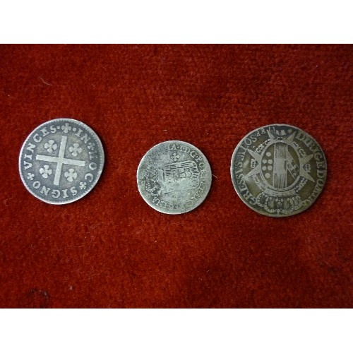 118 - THREE 18TH CENTURY SILVER COINS PORTUGAL 60 REIS 1777, Portuguese Silver 80 Reis 1750, PIERO LEOPLOL... 