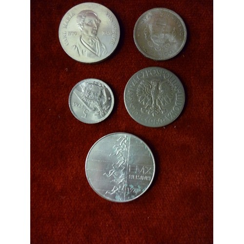 115 - 5 x EUROPEAN COINS, SILVER CONTENT INCLUDING :-  GERMAN DEMOCRATIC REPUBLIC 10  MARK 1976 CARL MARIA... 