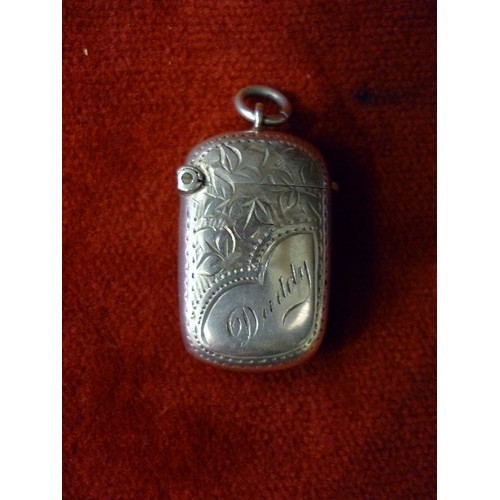 99 - STERLING SILVER VESTA CASE ENGRAVED WITH A LEAF DESIGN AND INSCRIBED 