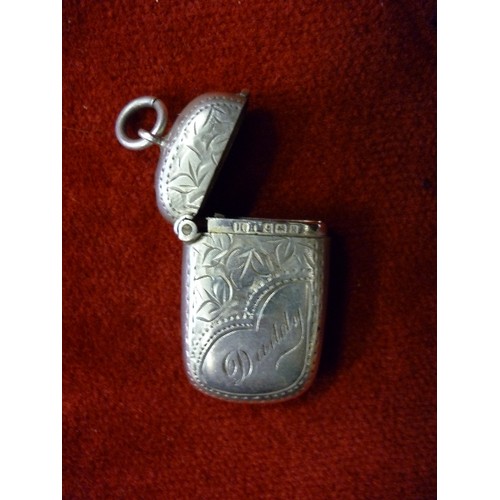 99 - STERLING SILVER VESTA CASE ENGRAVED WITH A LEAF DESIGN AND INSCRIBED 