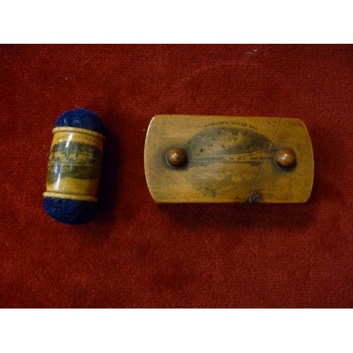 39 - A VICTORIAN MAUCHLINE WARE PIN CUSHION DEPICTING SHANKLIN BEACH AND ANOTHER PIN BOX DEPICTING THE BE... 