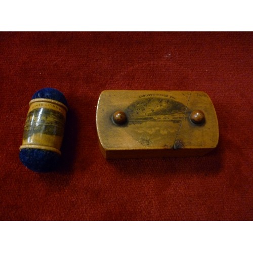 39 - A VICTORIAN MAUCHLINE WARE PIN CUSHION DEPICTING SHANKLIN BEACH AND ANOTHER PIN BOX DEPICTING THE BE... 