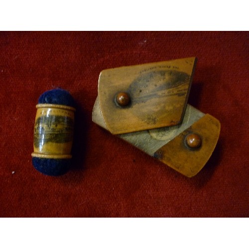 39 - A VICTORIAN MAUCHLINE WARE PIN CUSHION DEPICTING SHANKLIN BEACH AND ANOTHER PIN BOX DEPICTING THE BE... 