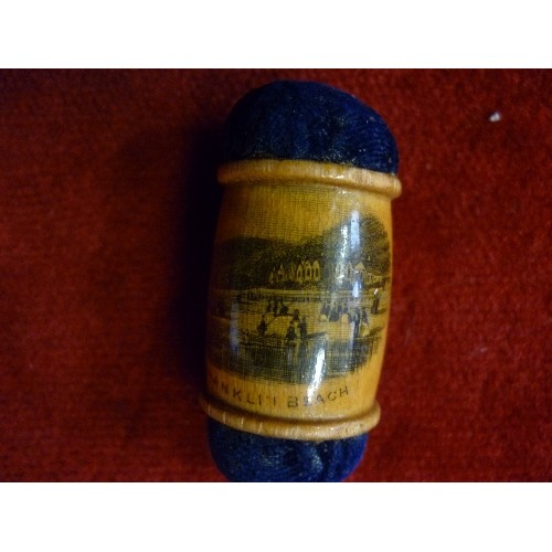 39 - A VICTORIAN MAUCHLINE WARE PIN CUSHION DEPICTING SHANKLIN BEACH AND ANOTHER PIN BOX DEPICTING THE BE... 