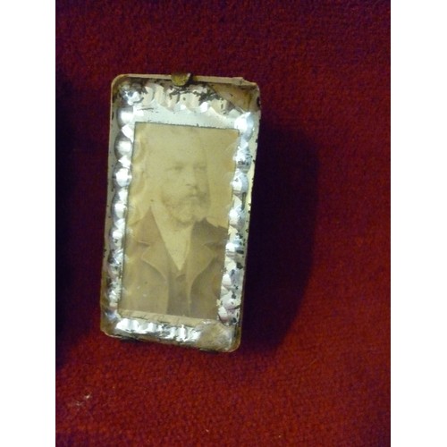 60 - TWO MINIATURE VICTORIAN PHOTOGRAPH FRAMES, ONE IN  BRASS WITH ENAMEL PANSY SURROUND, THE OTHER IN FA... 