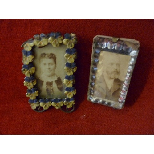 60 - TWO MINIATURE VICTORIAN PHOTOGRAPH FRAMES, ONE IN  BRASS WITH ENAMEL PANSY SURROUND, THE OTHER IN FA... 