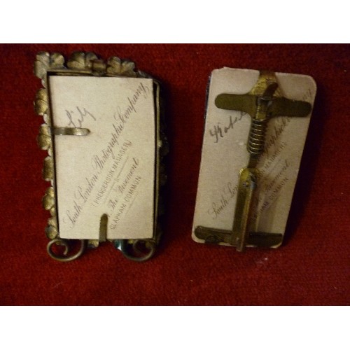 60 - TWO MINIATURE VICTORIAN PHOTOGRAPH FRAMES, ONE IN  BRASS WITH ENAMEL PANSY SURROUND, THE OTHER IN FA... 