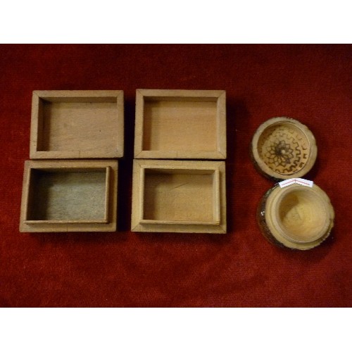 41 - THREE ANTIQUE MINIATURE BOXES INCLUDING TWO INDIAN CARVED BOXES WITH CARVED LIDS SURROUNDED BY MICRO... 