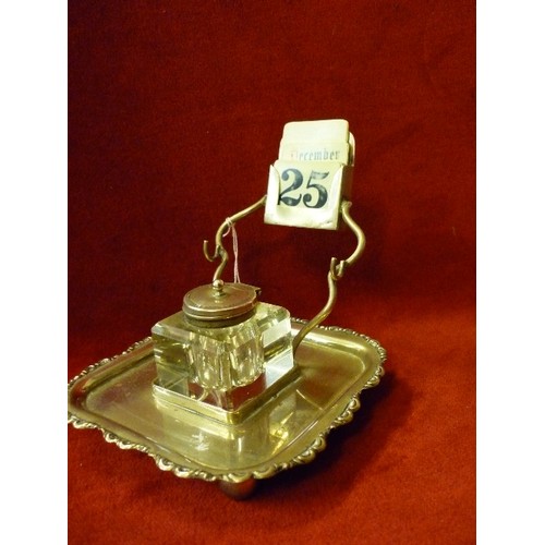 22 - EDWARDIAN  SILVER PLATED DESK STAND WITH CUT GLASS INKWELL AND PERPETUAL CALENDAR