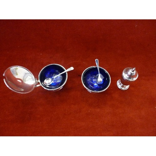 32 - STERLING SILVER CONDIMENT SET, THE SALT AND MUSTARD WITH BLUE GLASS LINERS - FLOWER DECORATION AROUN... 