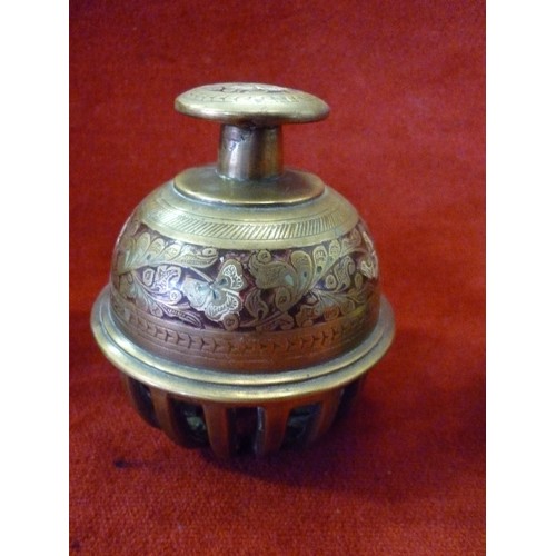 89 - THREE EARLY 20TH CENTURY INDIAN BENARES BRASS ELEPHANT BELLS - GRADUATED SIZES - THE LARGEST 11CM