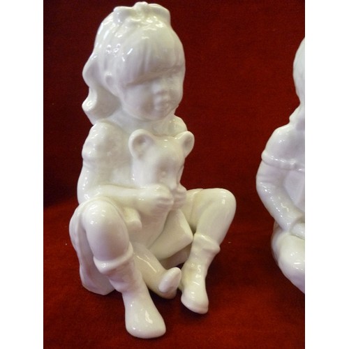 226 - TWO MICHAEL SUTTY WHITE BONE CHINA FIGURES OF A BOY AND A GIRL - 19CM, TOGETHER WITH  A SPODE FIGURE... 