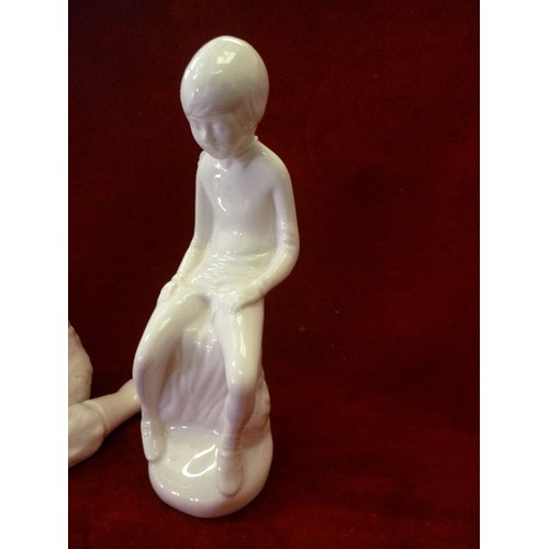 226 - TWO MICHAEL SUTTY WHITE BONE CHINA FIGURES OF A BOY AND A GIRL - 19CM, TOGETHER WITH  A SPODE FIGURE... 