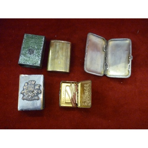 103 - BRYANT AND MAY VESTA TIN WITH COACHING SCENE, 2 MATCHBOX COVERS, A PLATED ENGINE TURNED CIGARETTE CA... 