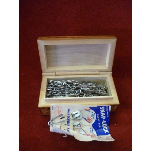 52 - A BEAUTIFULLY MADE STRAW WORK MARQUETRY BOX (CONTENTS OF SAFETY PINS)