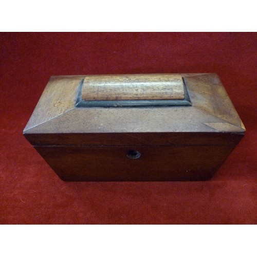 53 - GEORGIAN MAHOGANY 2 SECTION TEA CADDY - LID TO ONE SECTION - USED AS A SEWING BOX - WITH CONTENTS OF... 