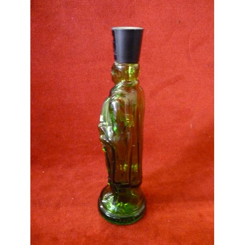 105 - A GREEN GLASS SCENT BOTTLE IN THE SHAPE OF A SOLDIER - PROBABLY AVON