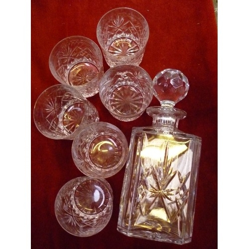 222 - SET OF SIX THOMAS WEBB CRYSTAL WHISKY GLASSES AND A MATCHING DECANTER - ALL ENGRAVED 