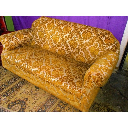 430 - EDWARDIAN DROP ARM SOFA ON BUN FEET UPHOLSTERED  IN GOLD COLOURED FLORAL DESIGN CUT VELVET FABRIC - ... 