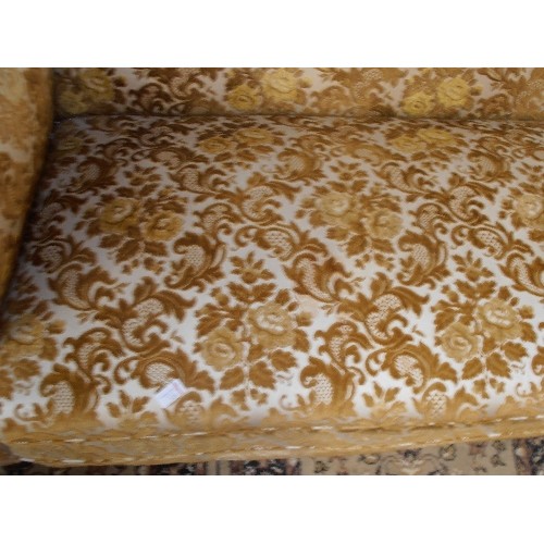 430 - EDWARDIAN DROP ARM SOFA ON BUN FEET UPHOLSTERED  IN GOLD COLOURED FLORAL DESIGN CUT VELVET FABRIC - ... 