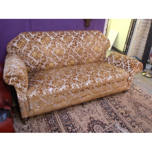 430 - EDWARDIAN DROP ARM SOFA ON BUN FEET UPHOLSTERED  IN GOLD COLOURED FLORAL DESIGN CUT VELVET FABRIC - ... 