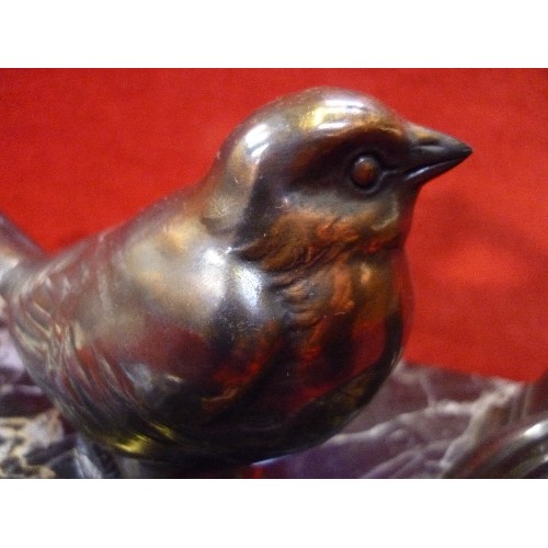 148 - A 1930'S FRENCH ART DECO DESK STAND WITH BRONZE COLOURED METAL INKWELL AND WREN, ON A GREY MARBLE BA... 